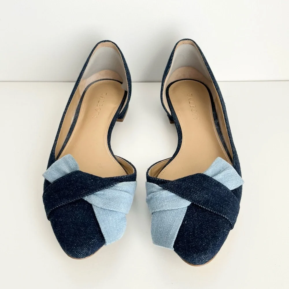 Talbots Edison D'Orsay Bow Flats Shoes 8.5 Blue Denim Classic Preppy Office Chic